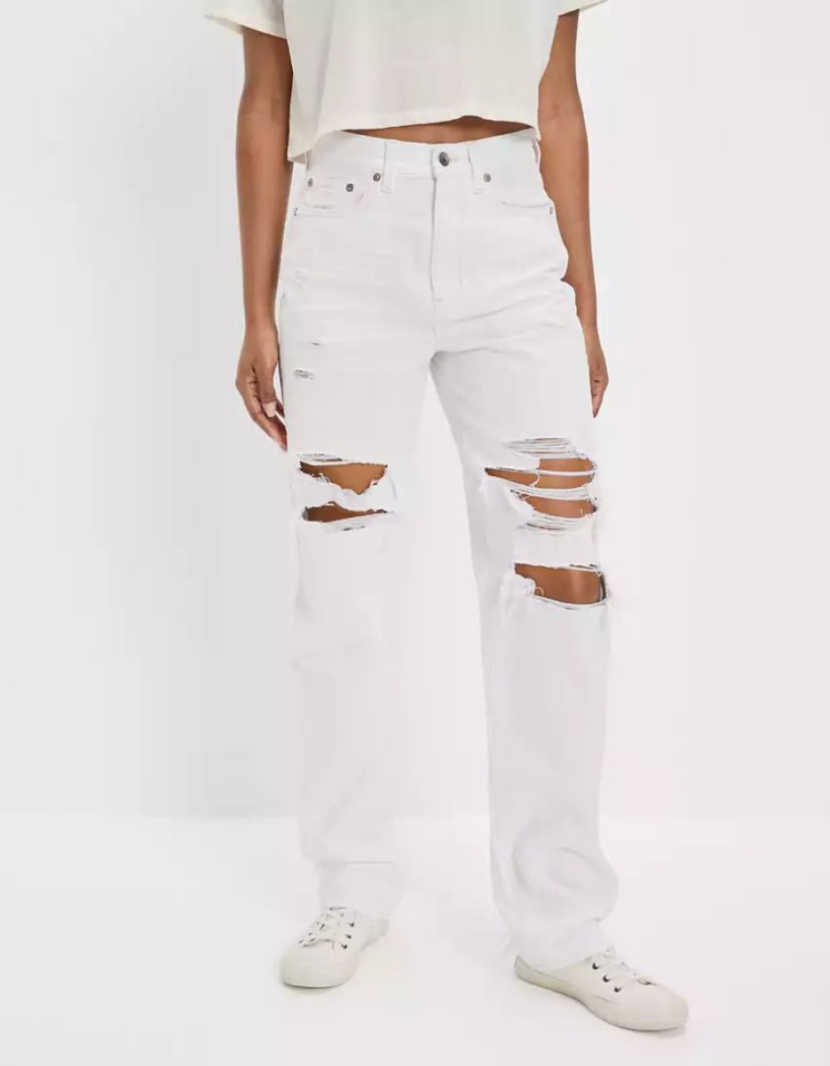 Jean American Eagle AE Ripped Highest Taille Baggy Droit Blanche Femme | VII-65989432